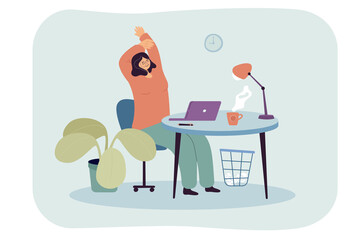 Obraz na płótnie Canvas Employee cartoon character stretching after working on laptop. Office workplace, happy female person relaxing at desk flat vector illustration. Break concept for banner, website design or landing web