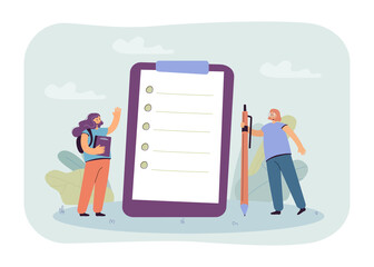 Cartoon schoolgirls standing next to huge checklist. Students taking test or survey or doing school project together flat vector illustration. Teamwork, education concept for banner or website design