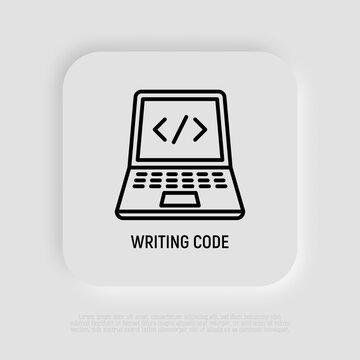 Writing code thin line icon, open laptop with code. Web development, programming. Modern vector illustration.