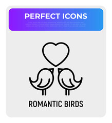 Romantic birds thin line icon: two sparrows with heart, symbol of love. Modern vector illustration.