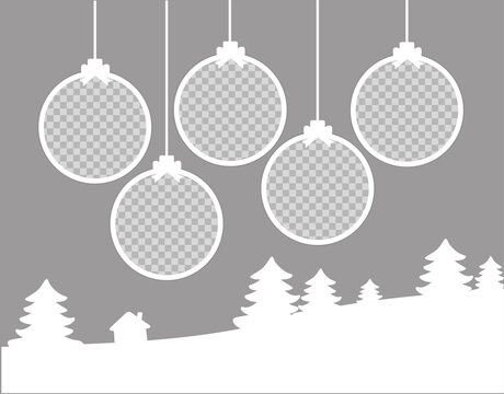 Christmas round Photo frames composition. horizontal template with 5 photos with Christmas balls, trees and a house. Mockup on gray background. Holiday collage. Vector EPS10.