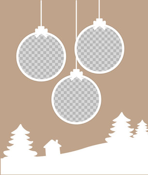 Christmas round Photo frames composition. vertical template with 3 photos with Christmas balls, trees and a house. Mockup on beige background. Vector Holiday collage. EPS10.