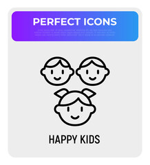 Happy smiling kids thin line icon, girl with tails and two boys. Modern vector illustration.