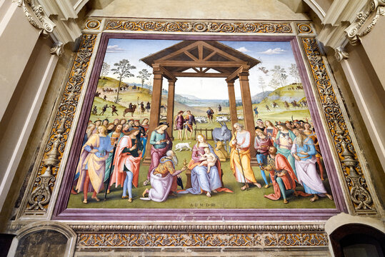 Città della Pieve Umbria Italy. Santa Maria dei Bianchi church. Adoration of the Magi fresco by Perugino
