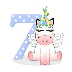 Seven Birthday party invitation with baby unicorn 