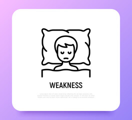 Human lying in bed and feels weakness. Thin line icon of illness symptom. Modern vector illustration.