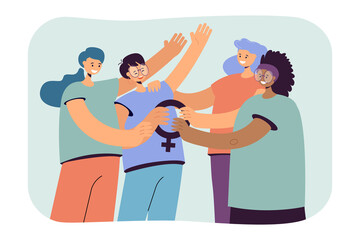 Cartoon women holding female symbol together. Group of happy feminists flat vector illustration. Feminism, equality, diversity, community concept for banner, website design or landing web page