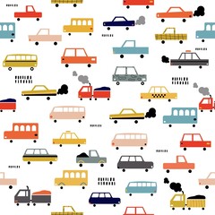 Seamless pattern with colorful cute cars.