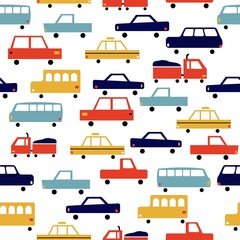 Seamless pattern with colorful cute cars.