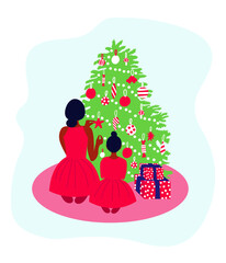 African mother and daughter sitting in front of Christmas tree. Christmas greeting card vector. Cartoon vector illustration. Afro American family.