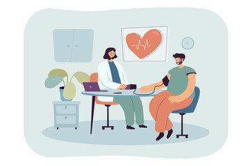 Physician measuring blood pressure of ill male patient in office. Sick man in medical room with doctor at hospital flat vector illustration. Cardiology clinic concept for banner, website design
