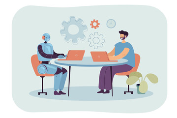 Cartoon man and robot sitting at laptops in workplace together. Male character using AI as workforce flat vector illustration. Friendship, digital technology, future concept for banner, website design