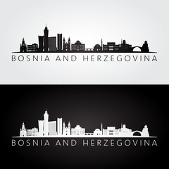 Naklejka premium Bosnia and Herzegovina skyline and landmarks silhouette, black and white design, vector illustration.