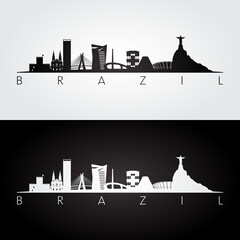 Naklejka premium Brazil skyline and landmarks silhouette, black and white design, vector illustration.
