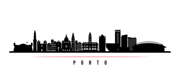 Porto skyline horizontal banner. Black and white silhouette of Porto, Portugal. Vector template for your design.