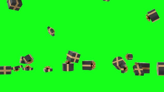 3d Black and gold gift boxes falling and flying on green screen chroma key background. Gifts stacked on the floor. Sign of wedding, birthday, valentine, christmas.Luxury presents. Black friday concept