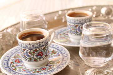 Two cups of coffee on the tray, Turkish coffee traditional drink