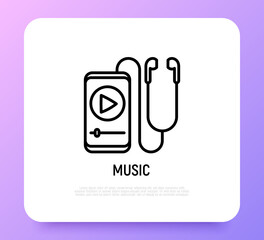 Earphones and smartphone with online music thin line icon. Modern vector illustration.