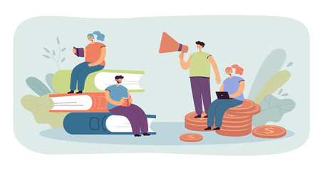 Cartoon people sitting on books and gold coins. Students reading and getting scholarship flat vector illustration. Investment in education, finance concept for banner, website design or landing page