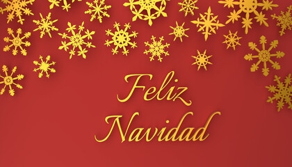 Modern Spanish Merry Christmas background with snowflakes on red background, 3d rendering