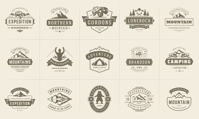 Camping logos and badges templates vector design elements and silhouettes set