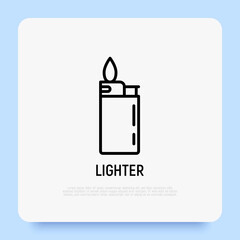 Lighter with fire thin line icon. Promotional product. Modern vector illustration.