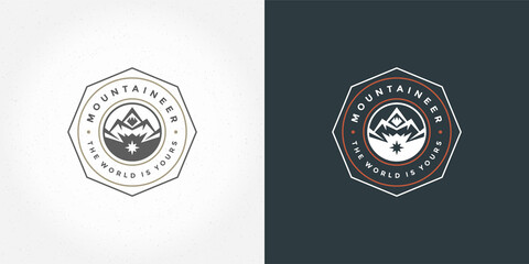 Mountain camping logo emblem outdoor landscape vector illustration rock hills silhouette for shirt or print stamp