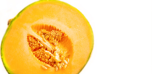 A half fresh melon was cut for show inside of it, consist a lot of seed. Banner