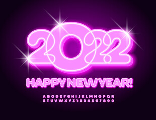 Vector bright Greeting Card Happy New Year 2022! Glamour Neon Alphabet Letters and Numbers set. Modern glowing Font