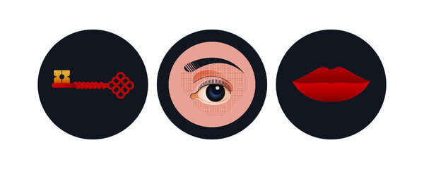 Vintage Retro Set. Modern Flat Vector Concept Illustrations. Badges with Old-fashioned Key, Eye and Red Lips. Social Media Ads.