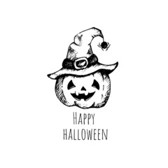 Jack pumpkin in witch hat lantern for Halloween. Pumpkin  for your design. Vector illustration 
