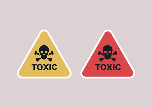 A set of yellow and red triangle toxic signs with skulls and crossbones