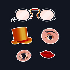 Vintage Retro Sticker Pack. Modern Flat Vector Concept Illustrations. Old-Fashioned Glasses, Eyes Kinds, Hat, Red Lips. Social Media Ads.