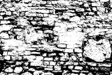 Old grungy retro dirty faded brick wall of ancient city. Uneven pitted peeled surface brickwork of cellar worn. Cracked shabby clay blocks. Hard bumpy messy ragged holes brickwall of 3D grunge design