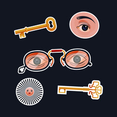 Vintage Retro Sticker Pack. Modern Flat Vector Concept Illustrations. Old-Fashioned Keys, Eye, Glasses with Eyes, Sun with Human Face. Social Media Ads.
