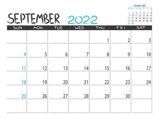 Calendar 2022 year. September 2022 planner. Desctop calendar design. Month planner. Grunge trendy background. Life or business planner. Place for notes. Printable template.