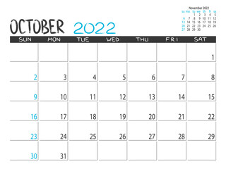 Calendar 2022 year. October 2022 planner.Desctop calendar design. Month planner. Grunge trendy background. Life or business planner. Place for notes. Printable template.