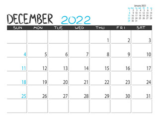 Calendar 2022 year. December 2022 planner.Desctop calendar design. Month planner. Grunge trendy background. Life or business planner. Place for notes. Printable template.