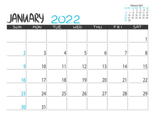 Calendar 2022 year. January 2022 planner. Desctop calendar design. Month planner. Grunge trendy background. Life or business planning. Place for notes. Printable template.