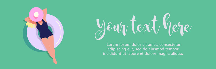 Woman floating on air mattress in swimming pool. Women relaxing and sunbathing on inflatable ring. Vector Illustration. Horizontal Website Banner.