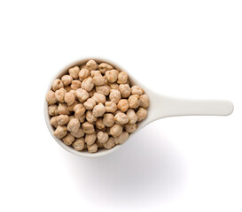 white cup full of chickpea isolated on white. Top view