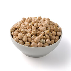 White round pot full of uncoked chickpea. isolated on white