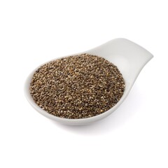 Chia Seed on white dish spoon. isolated