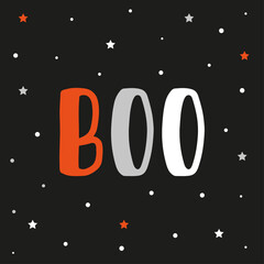 Happy Halloween greeting card vector illustration, Boo! with flying ghost and spider web on orange background.
