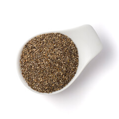 Chia Seed on white dish spoon. isolated. Top view
