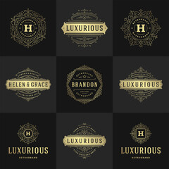 Vintage logos and monograms set elegant flourishes line art graceful ornaments victorian style vector template design