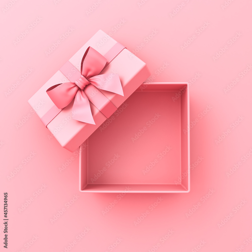 Poster blank sweet pink pastel color present box or top view of open gift box with pink ribbon and bow isol