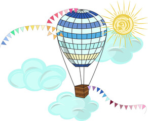 Blue - blue balloon hovers in the sky. Garlands of colored flags. Clouds, sun. 