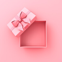 Blank sweet pink pastel color present box or top view of open gift box with pink ribbon and bow isolated on pink background with shadow minimal concept 3D rendering