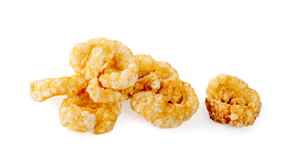 Pork snack or Pork scratching leather lean pork fried crispy and blistered isoloated on white background